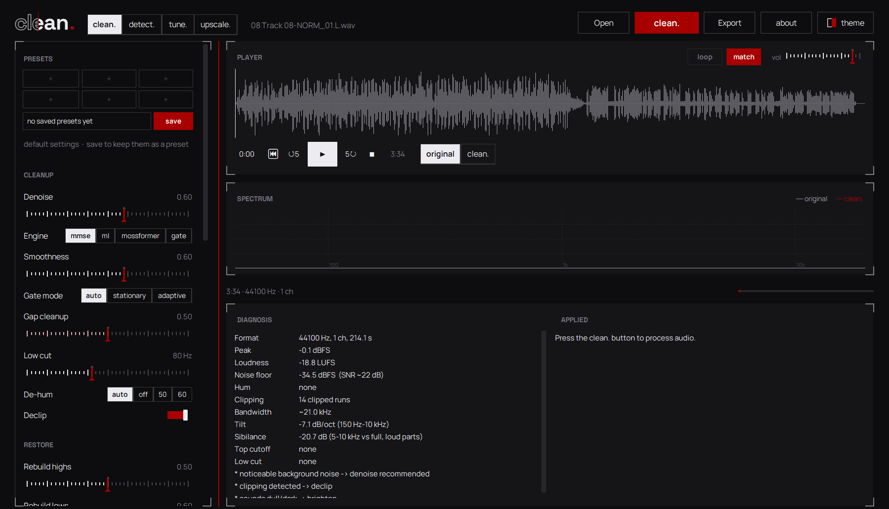 The clean. tab with a vocal loaded: waveform, diagnosis and settings